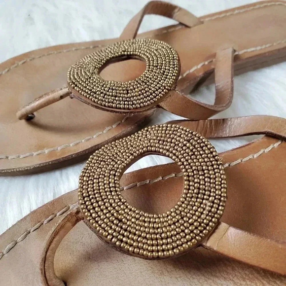 Boden Caramel Leather & Gold Bead Flip Flop Sandals - Picture 3 of 7